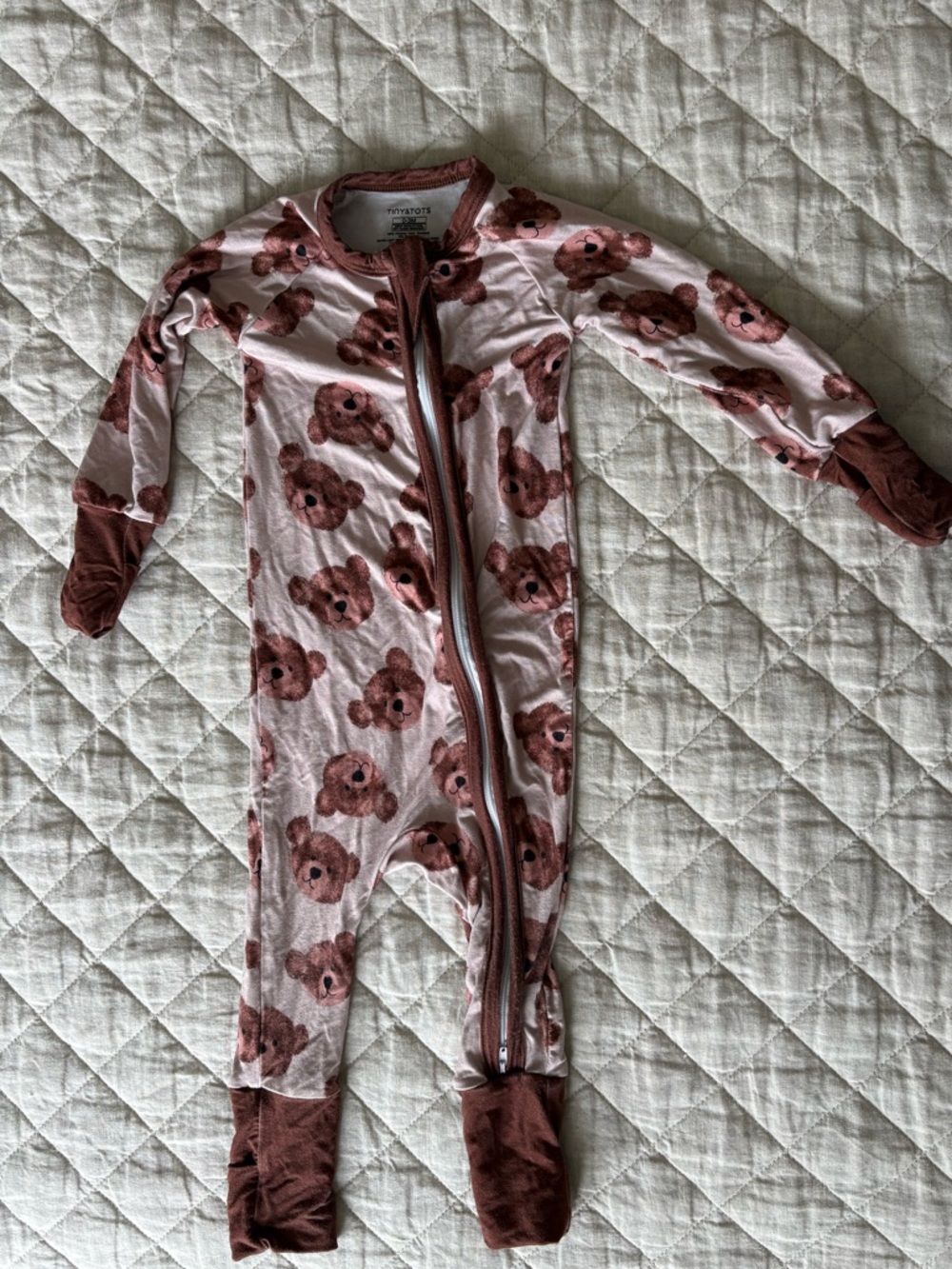Bear Print Zip-Up Footed One-Piece - Pink Brown